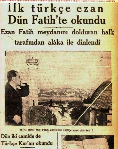 Press cover how Fatih Square was packed with people coming to hear the first ever Turkish ezan (call to prayer), Jan 1932