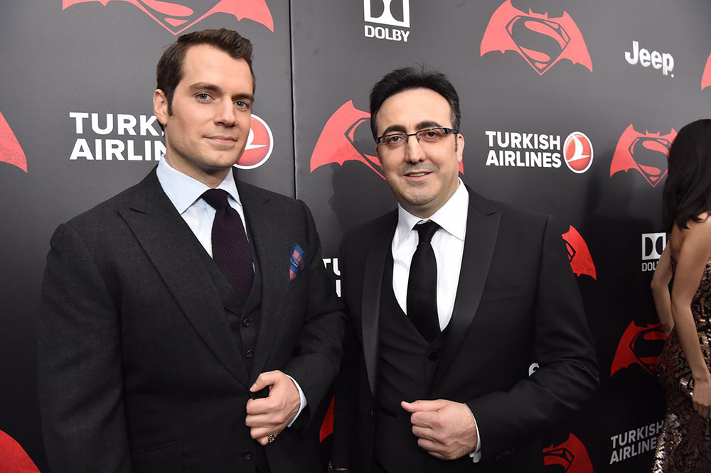 Batman, aka actor Henry Cavill poses with Turkish Airlines chairman Ilker Ayci at New York premiere of Batman vs Superman, 20 Mar. 2016