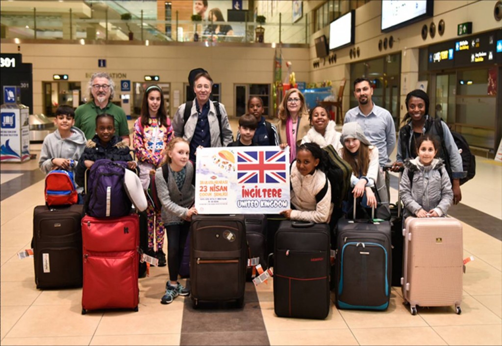 A group of children from the UK arrive in Antalya for the TRT International Children's Day Festival